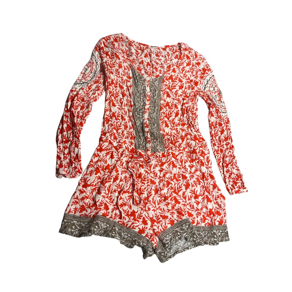 Free People Women's M Floral Romper Red Ivory Boho Long Sleeve Tie Waist